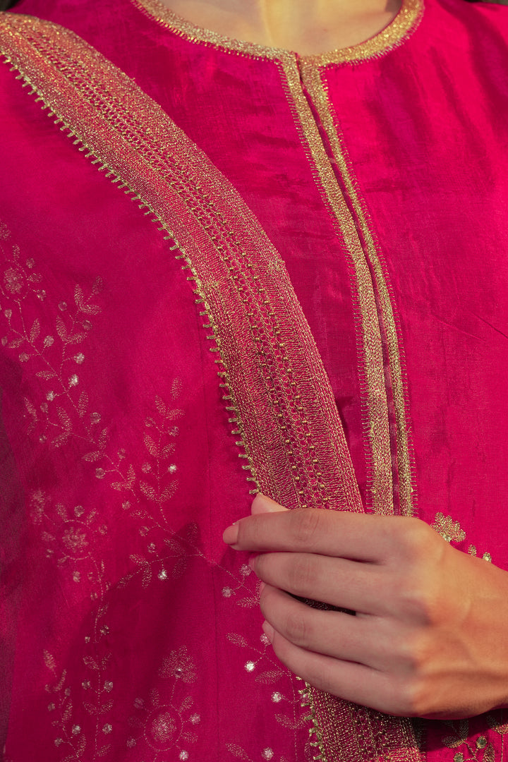 Pink Hand Embroidered Silk Lehenga with Kurti & Dupatta - Set of 3