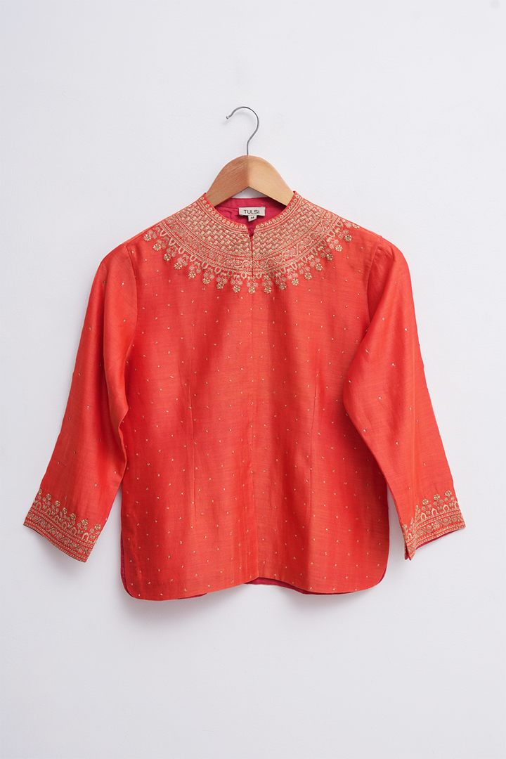 Orange Chanderi Hand Embroidered Blouse
