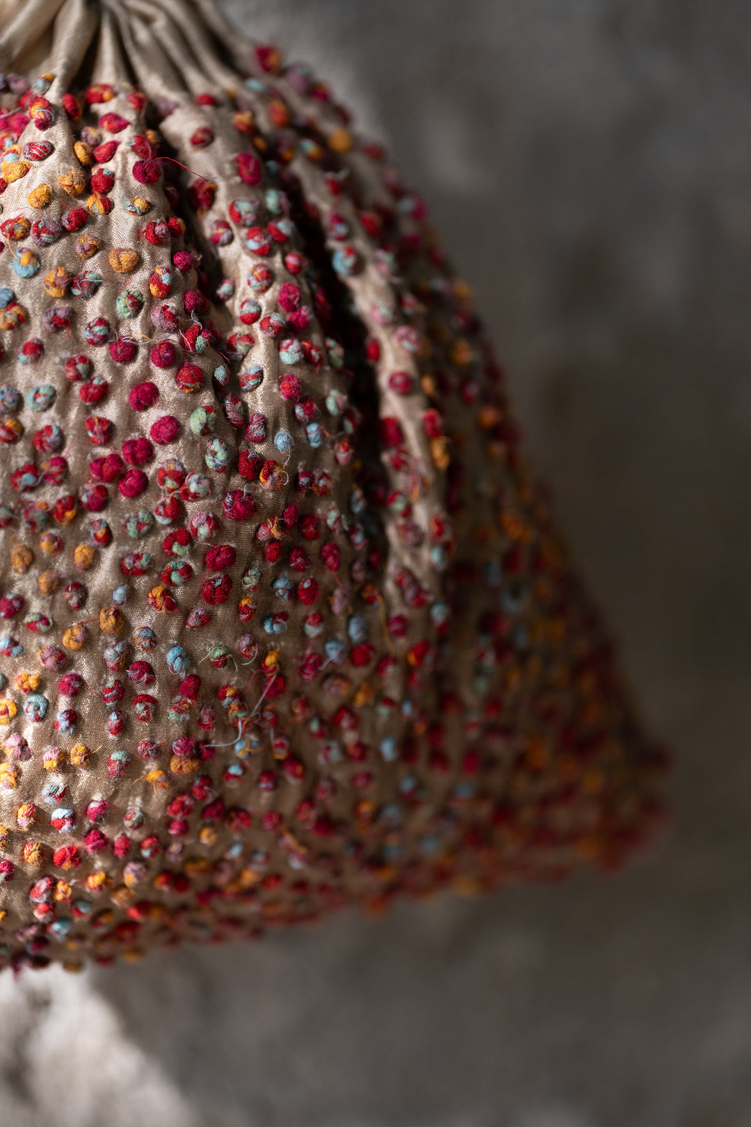 Beige Maroon Silk French Knot Potli