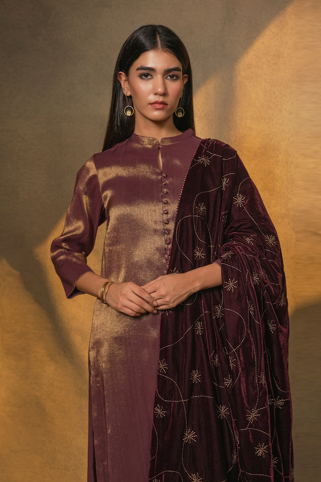 Plum Tissue Kurta with Pants and Velvet Dupatta