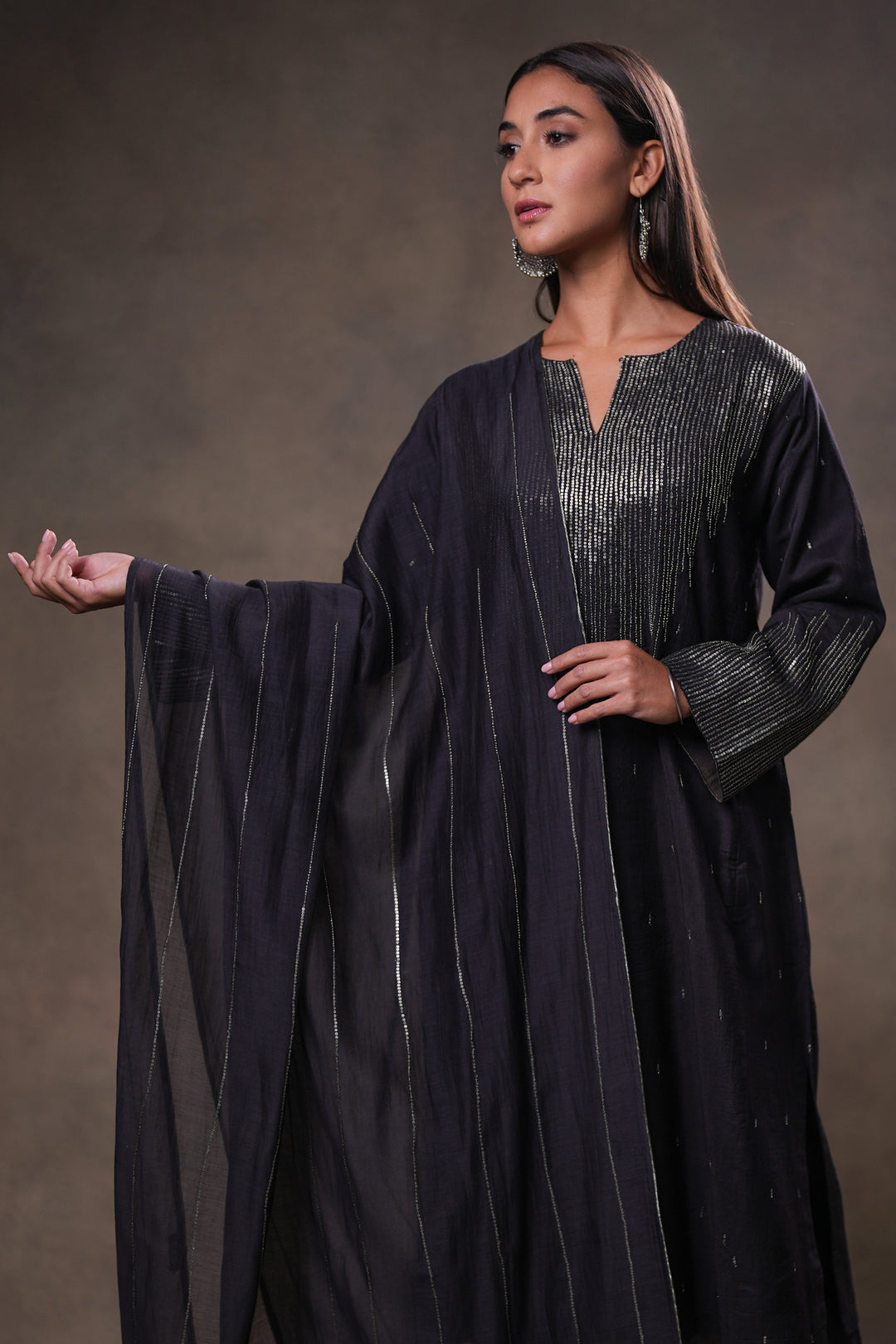 Black Hand Embroidered Silk Kurta with Pants and Dupatta