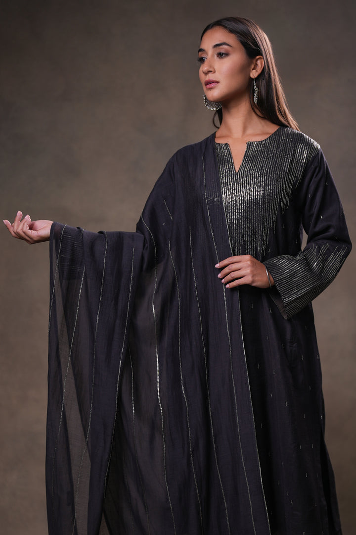 Black Hand Embroidered Silk Kurta with Pants and Dupatta