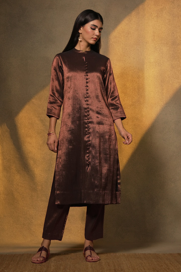 Plum Tissue Kurta with Pants and Velvet Dupatta