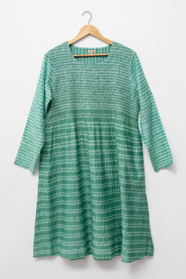 Green Hand Dyed Shibori Clamp Dyed Pintuck Dress