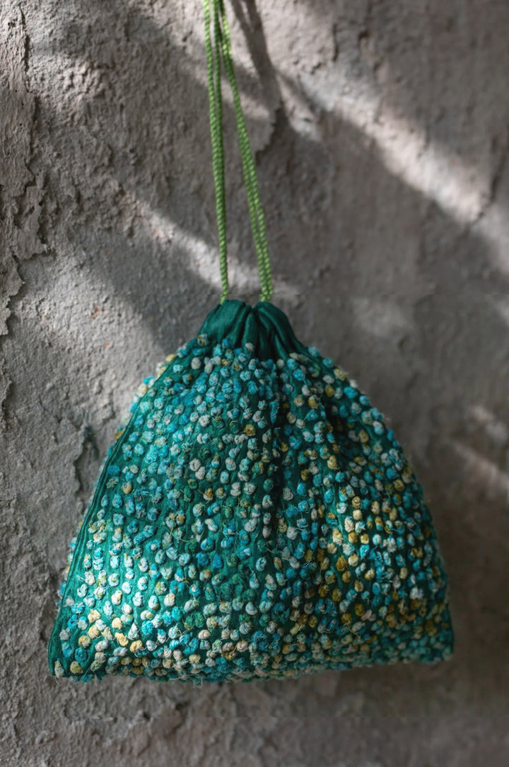 Teal Silk French Knot Potli