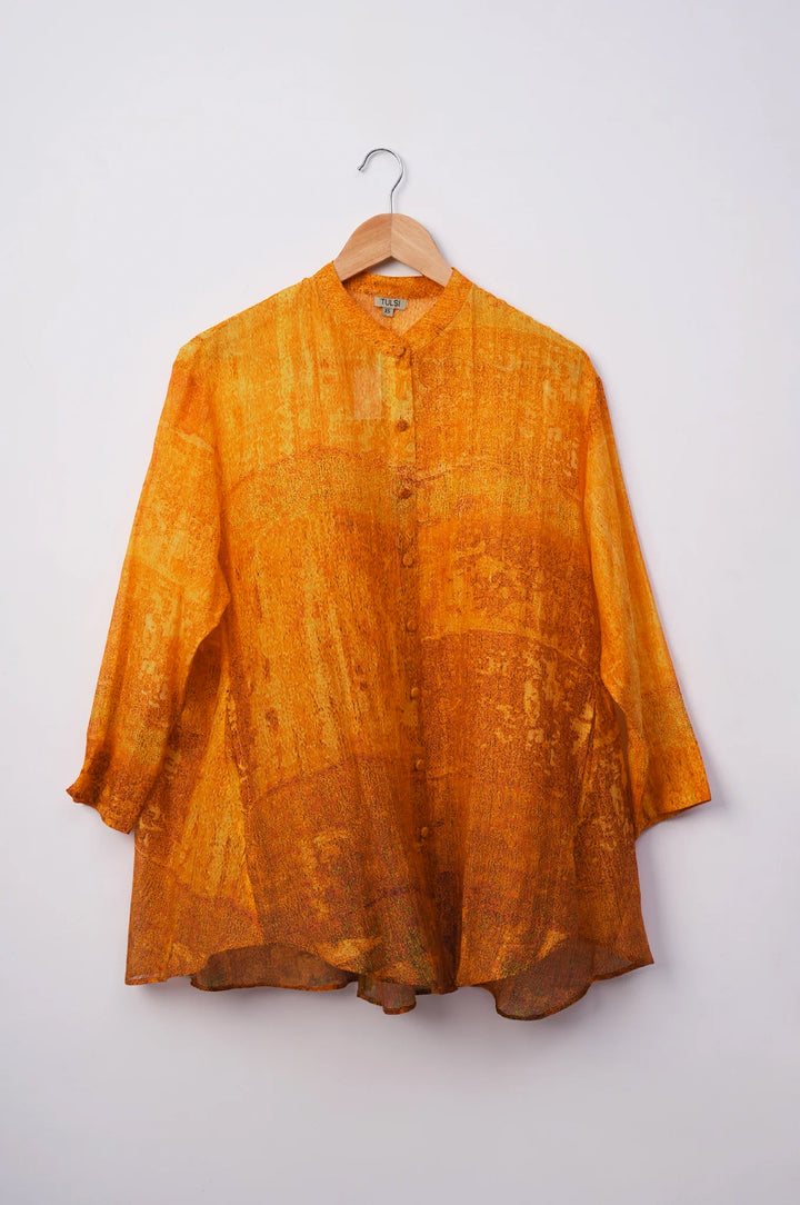 Orange Printed Chanderi Oversized Shirt