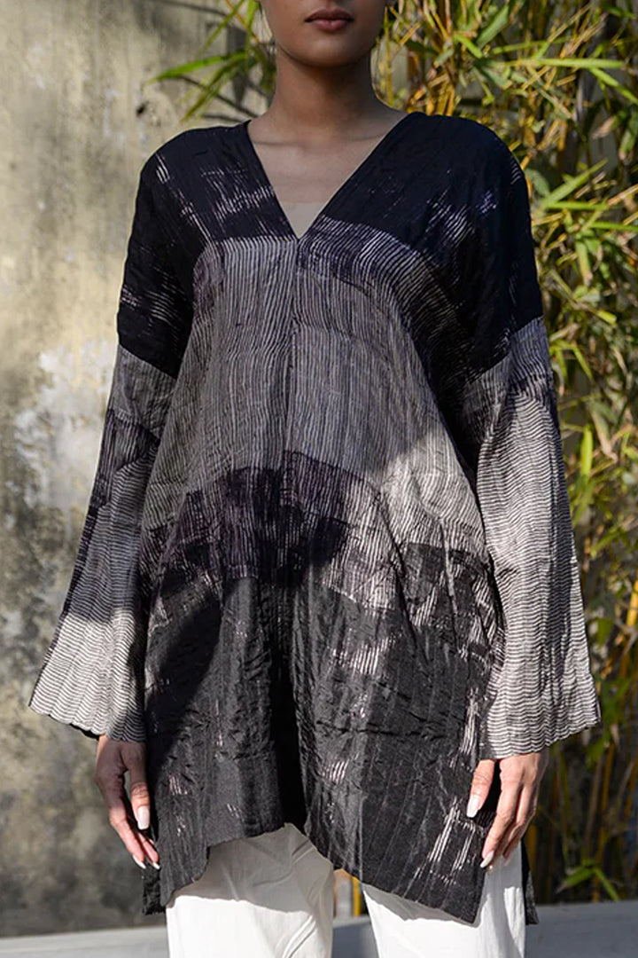 Pure Silk Shibori Dyed Tunic with Stitch Detailing