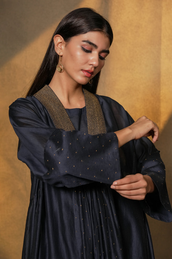 Navy Embroidered Chanderi Cape with Slip and Pants