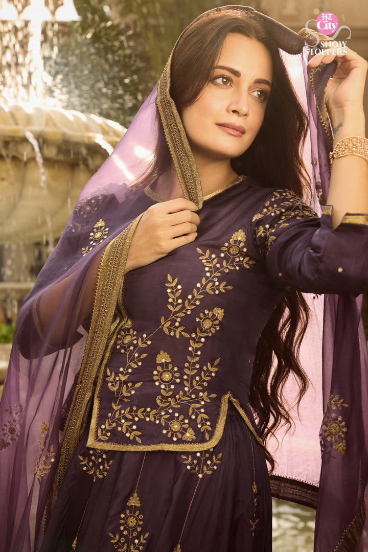 Dia Mirza in Purple Hand Embroidered Silk Lehenga Set with Kurti & Dupatta