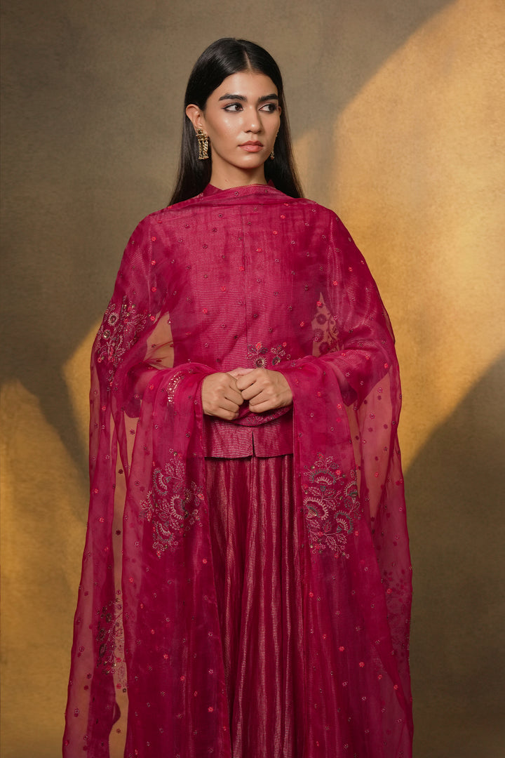 Magenta Pink Hand Embroidered Tissue Lehenga Set