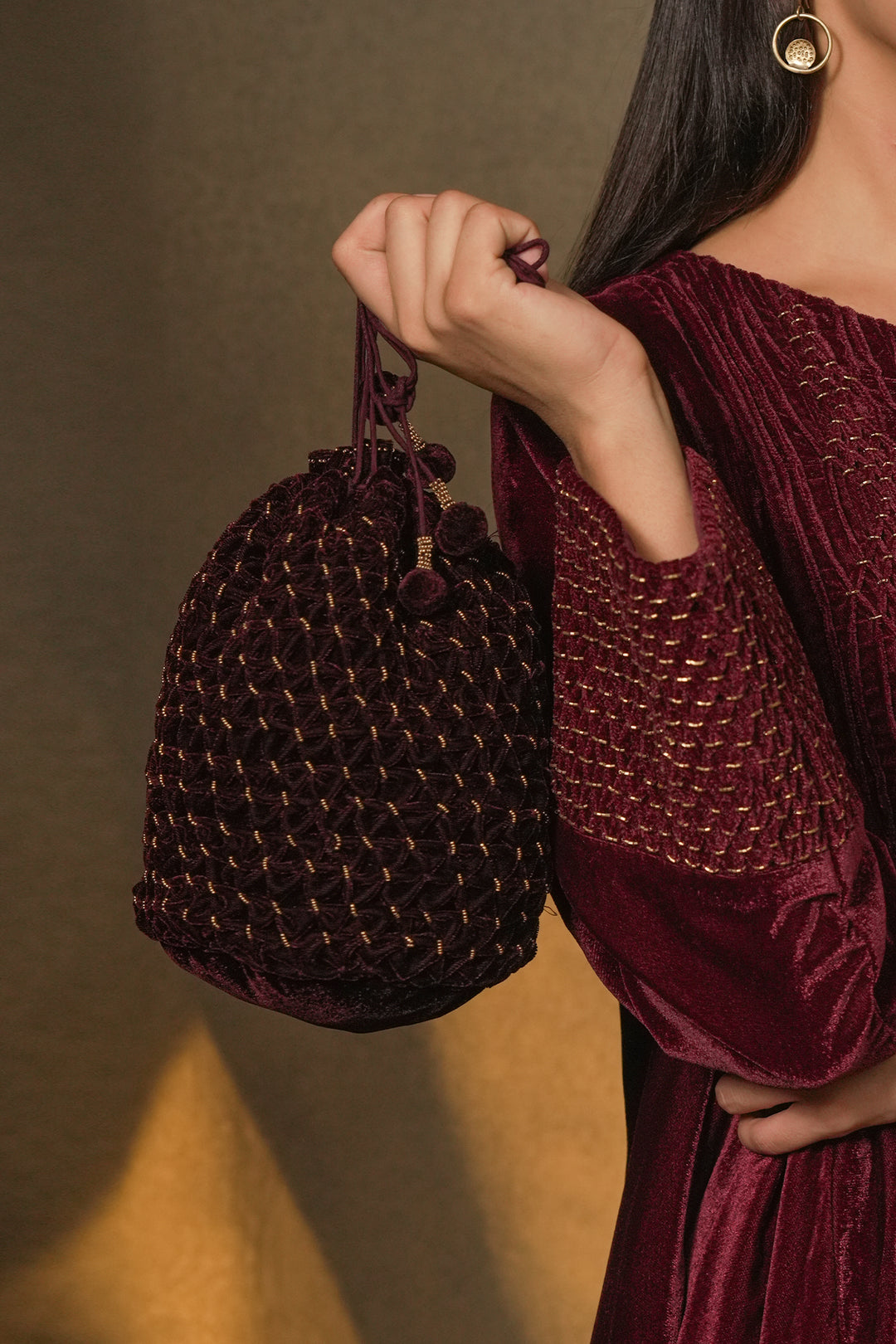 Plum Hand Embroidered Velvet Potli