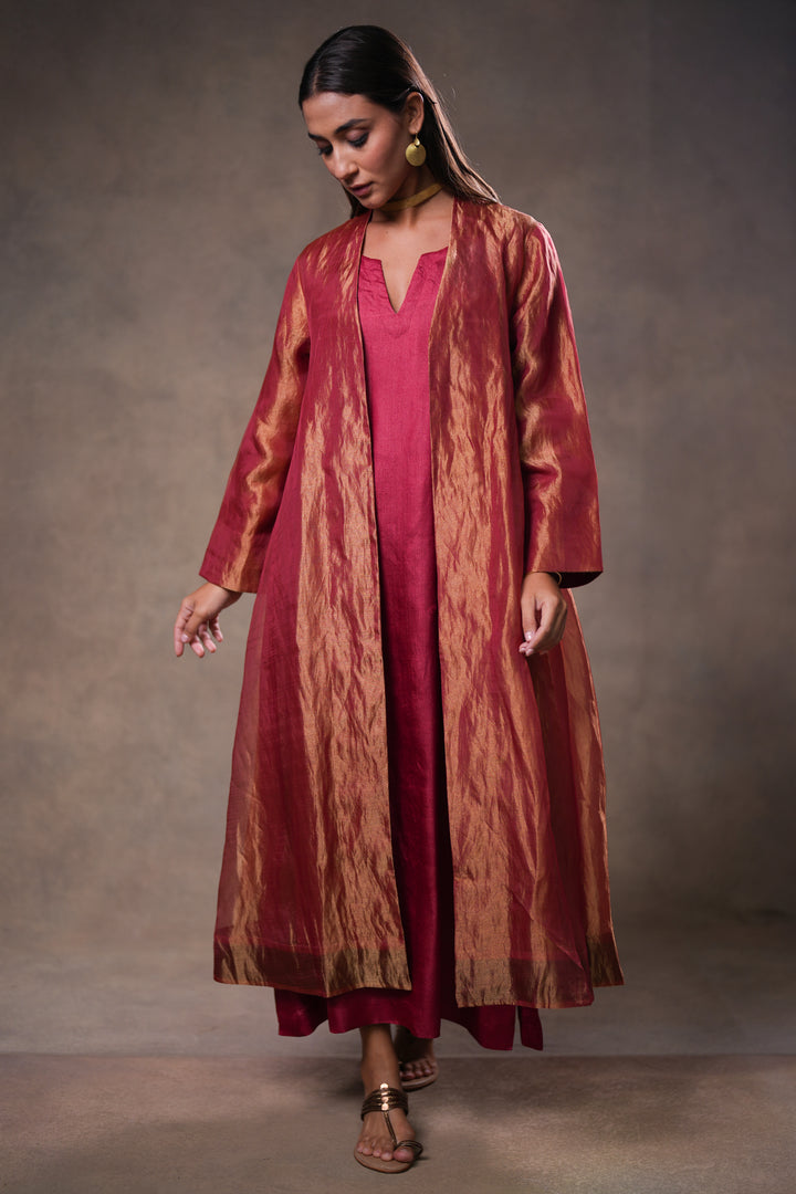 Maroon Tissue Jacket with Cotton Silk Slip