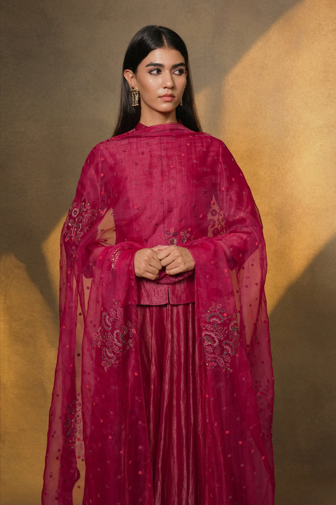 Magenta Pink Hand Embroidered Tissue Lehenga with Blouse & Organza Dupatta