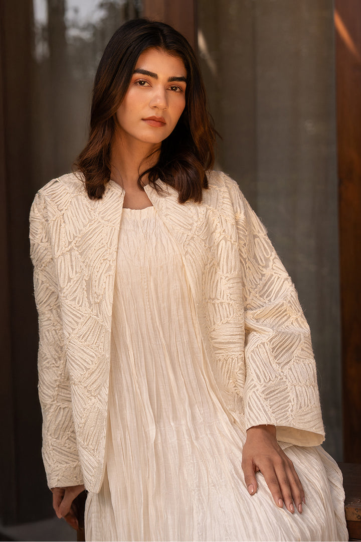 Natural Crinkled Chanderi Dress with Textured Embroidered Jacket