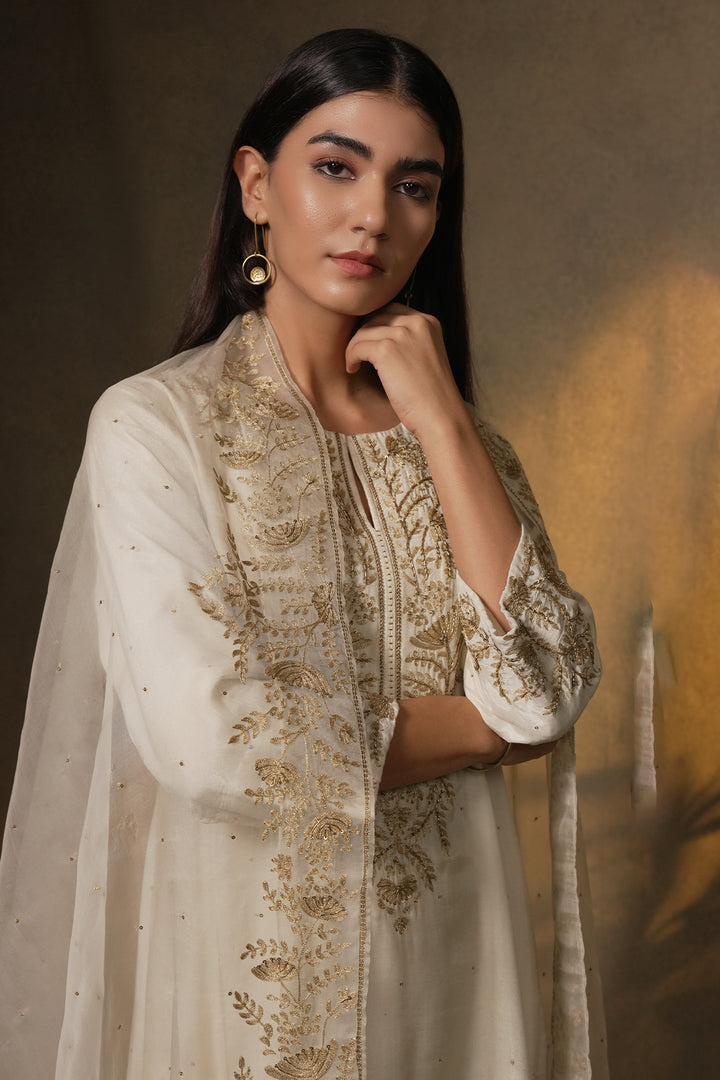 Natural Hand Embroidered Cotton Silk Kurta with Pants and Organza Dupatta