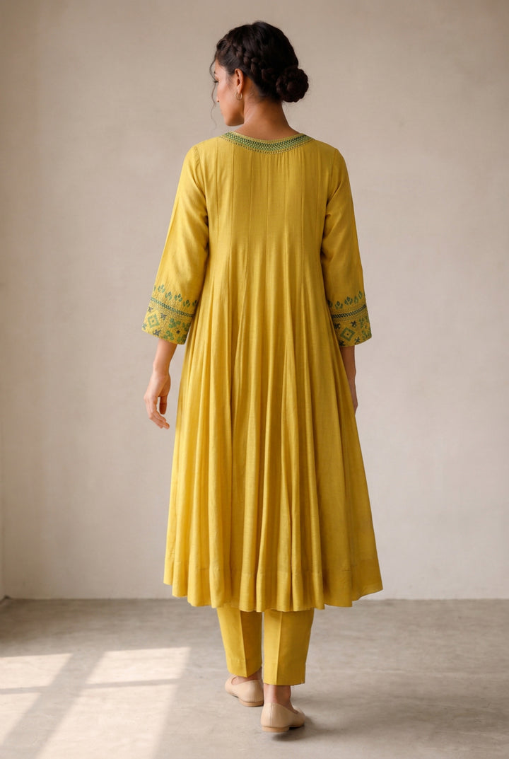 Mustard & Teal Embroidered Cotton Silk Kurta Set