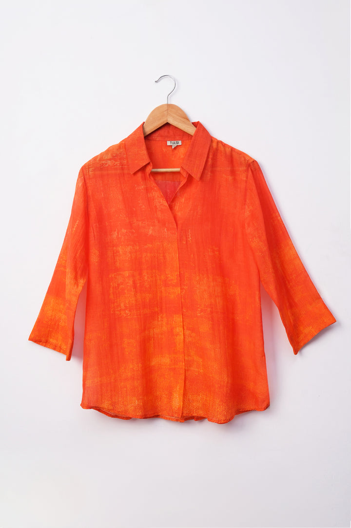 Orange Printed Chanderi Shirt