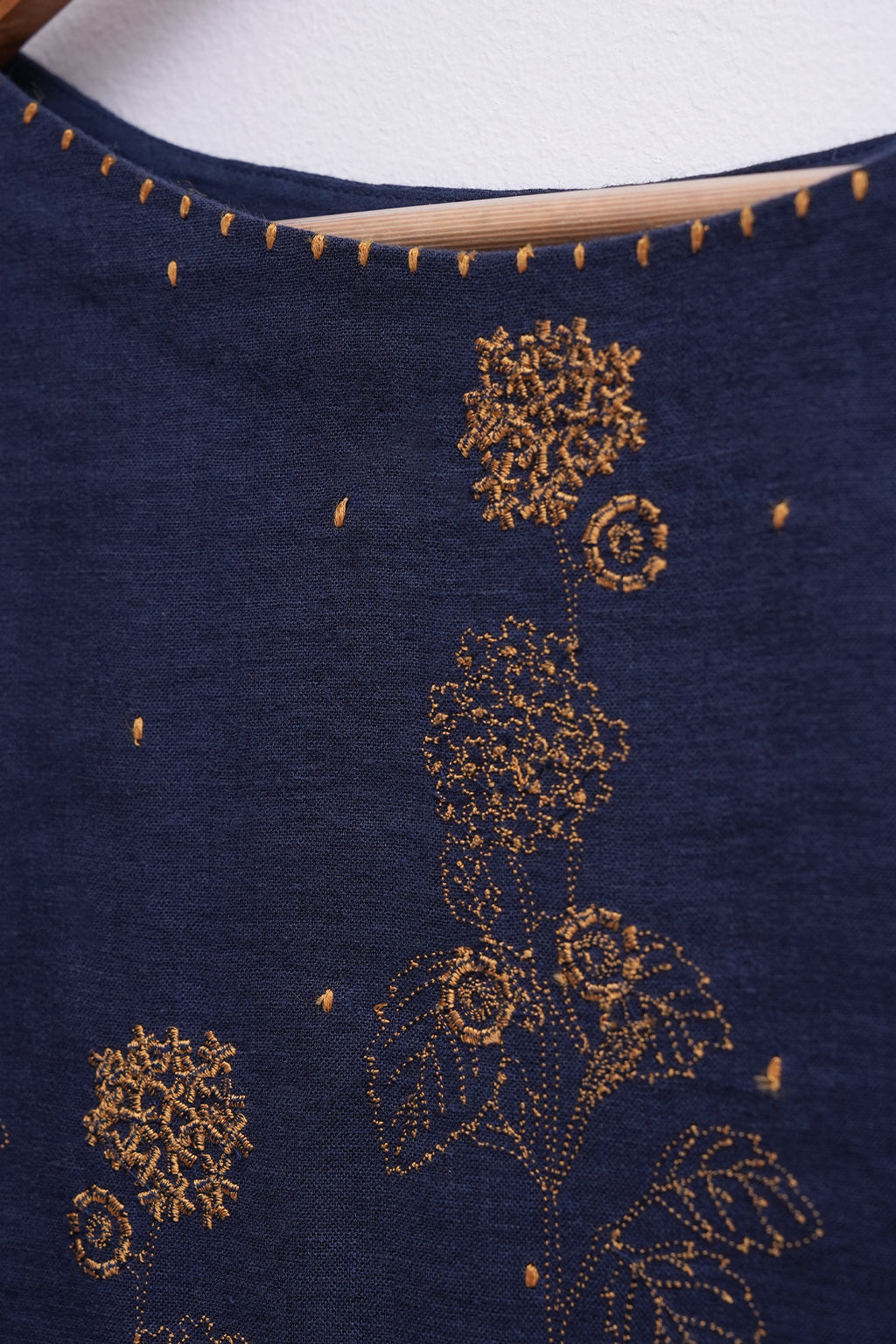 Navy Cotton Linen Embroidered Kurta