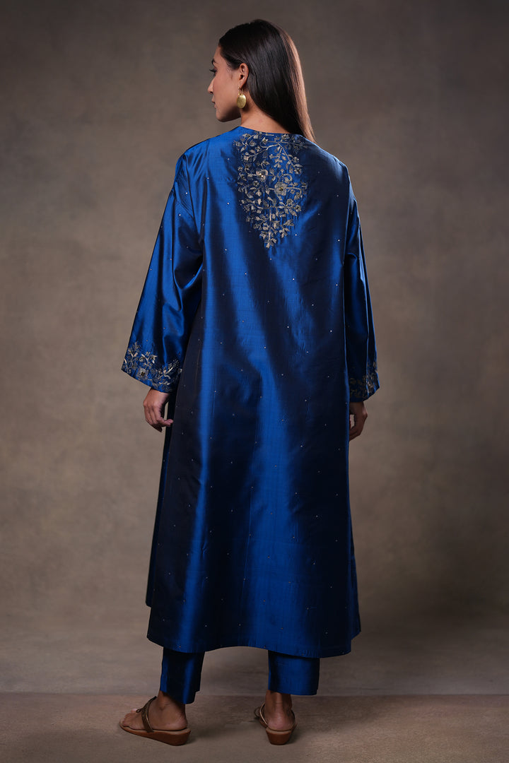 Blue Hand Embroidered Silk Kurta with Pants and Dupatta