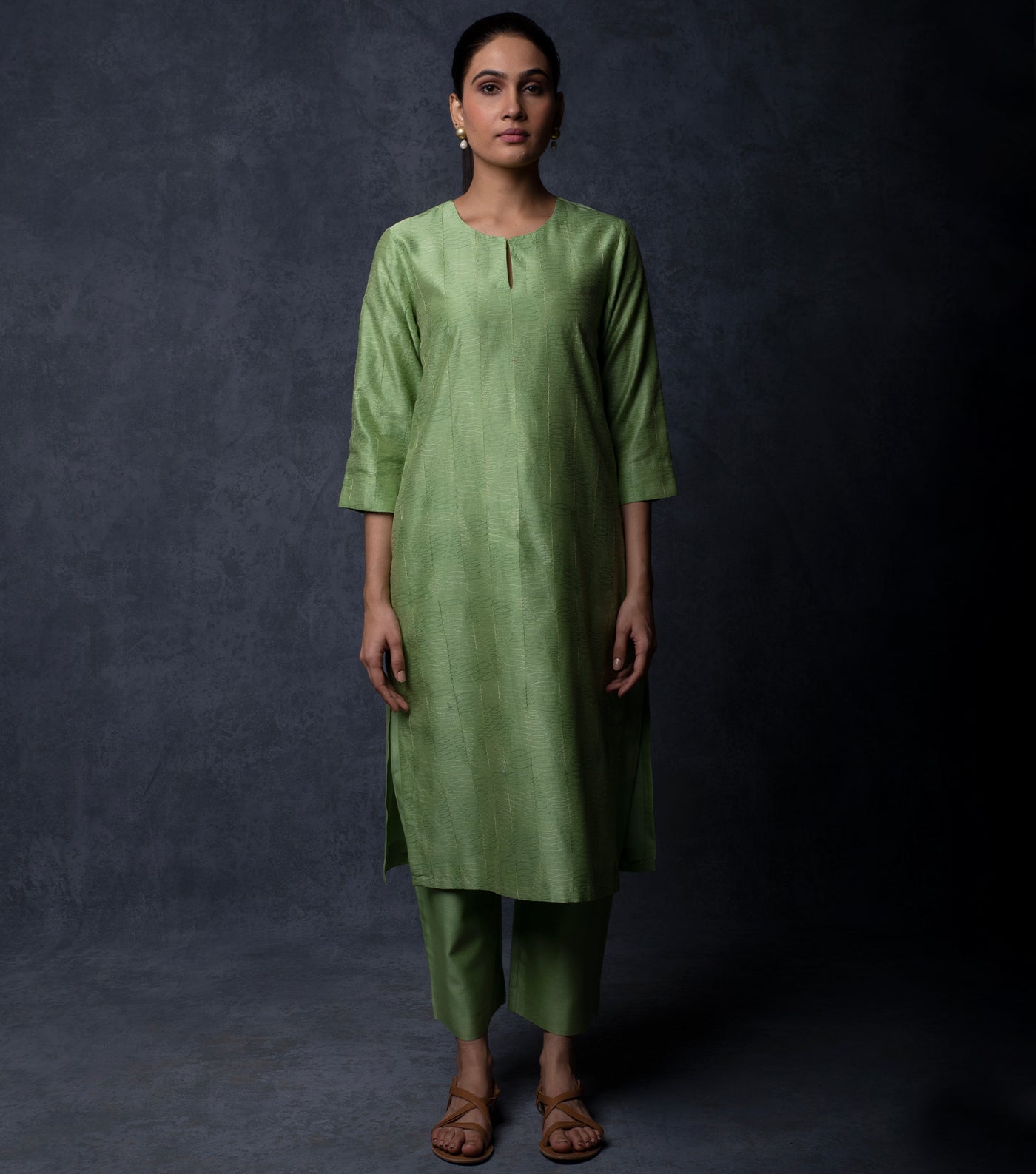 Leaf Green Thread Embroidered Chnaderi Suit Set