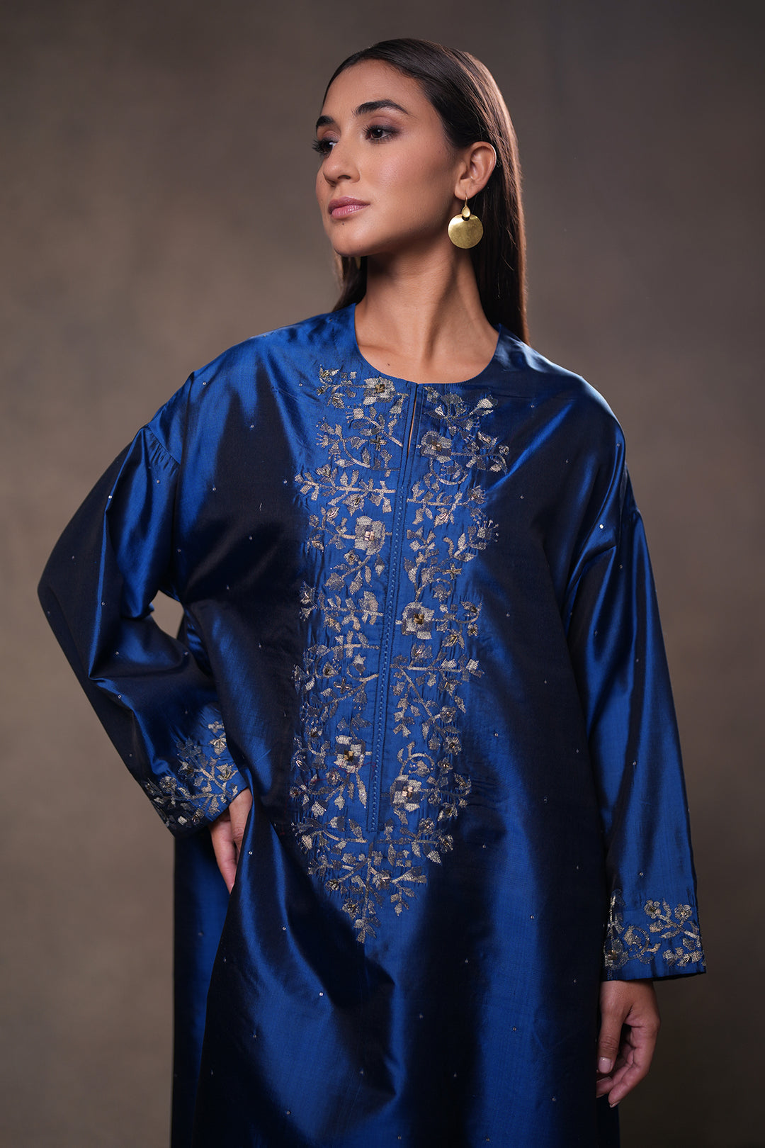 Blue Hand Embroidered Silk Kurta with Pants and Dupatta