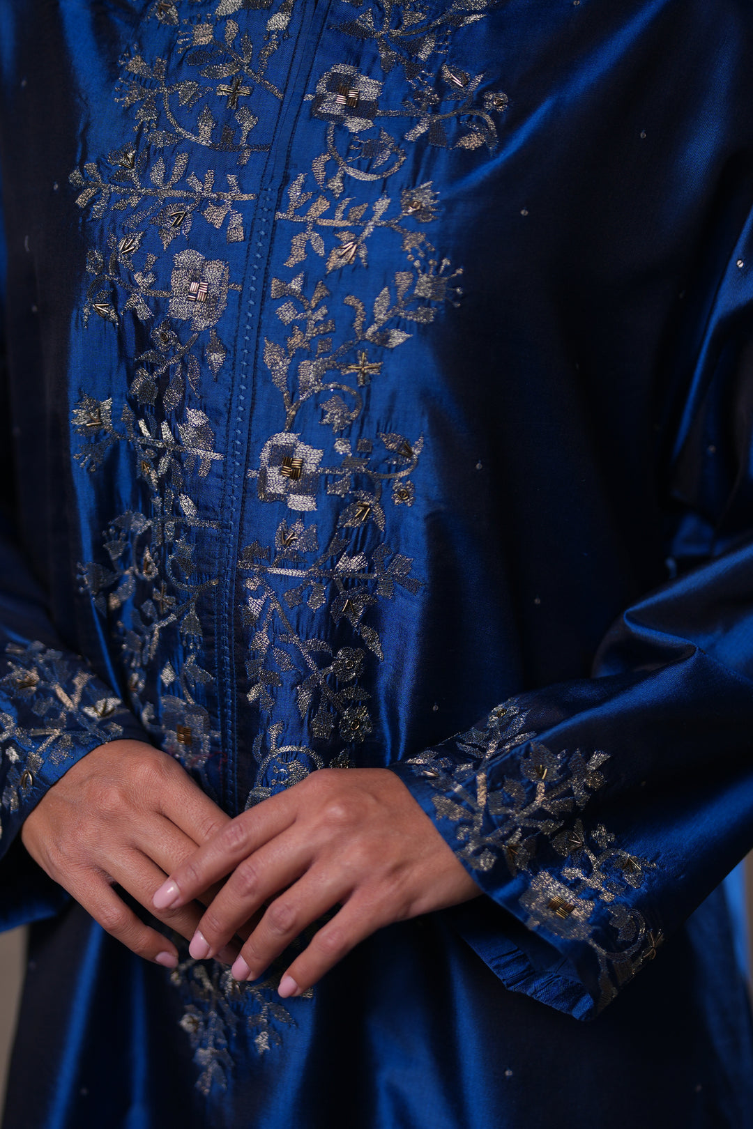 Blue Hand Embroidered Silk Kurta with Pants and Dupatta