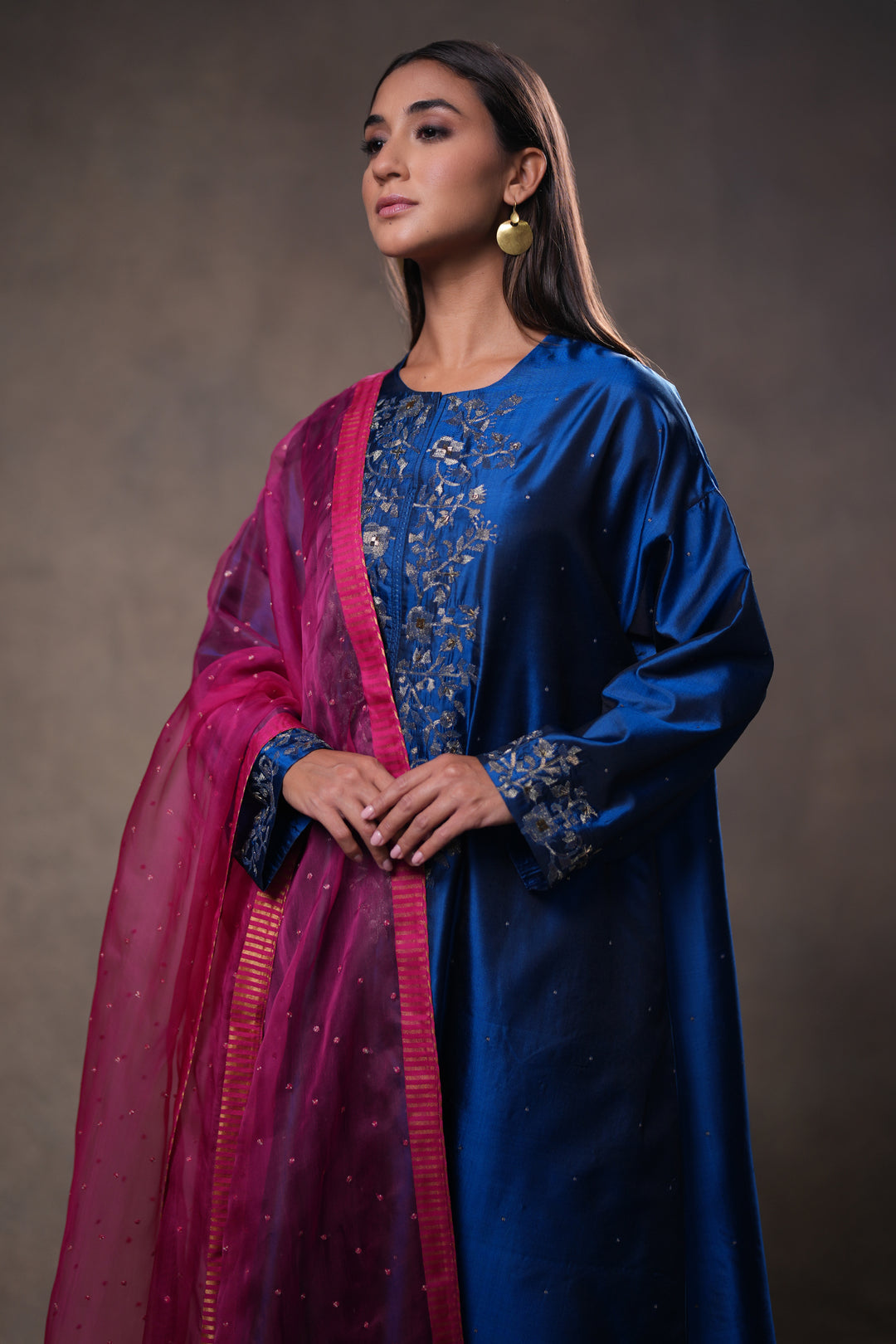 Blue Hand Embroidered Silk Kurta with Pants and Dupatta