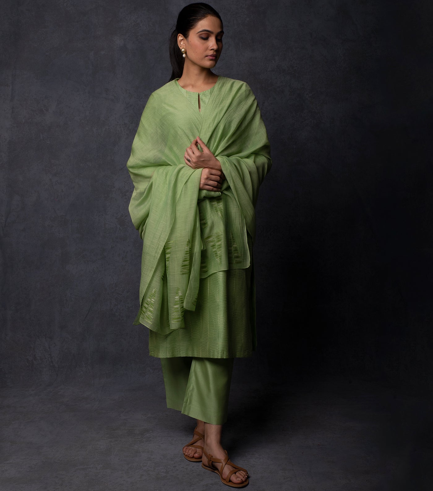 Leaf Green Thread Embroidered Chnaderi Suit Set