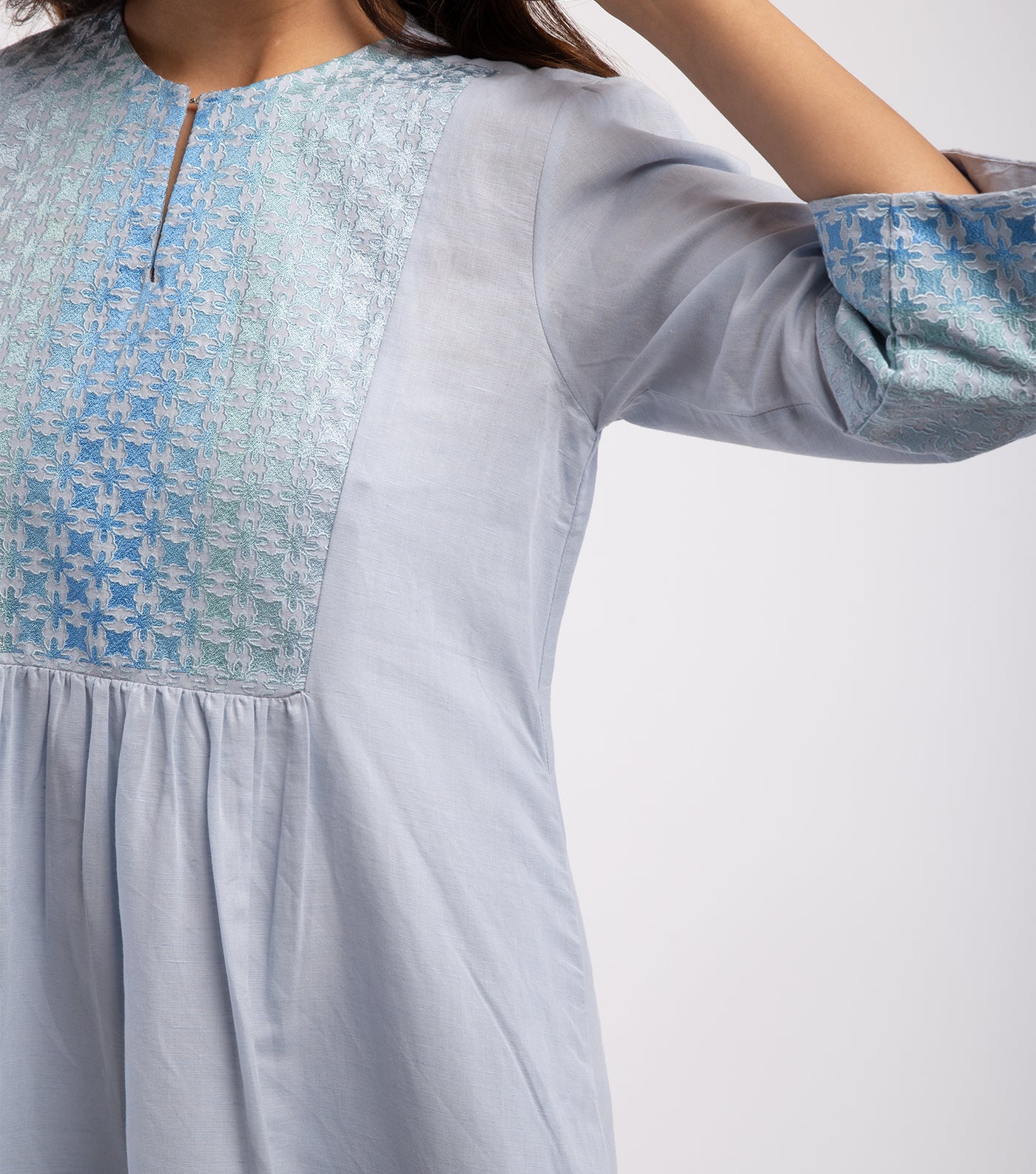 Blue embroidered Cotton linen Dress
