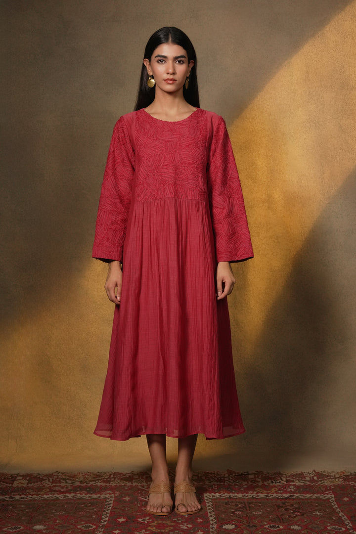 Magenta Textured Embroidered Chanderi Dress