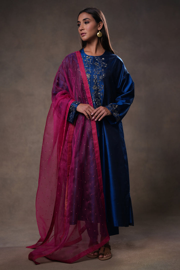 Blue Hand Embroidered Silk Kurta with Pants and Dupatta