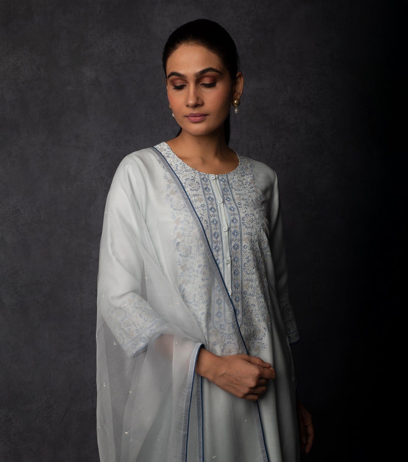 Powder Blue Thread Embroidered Muslin Suit Set