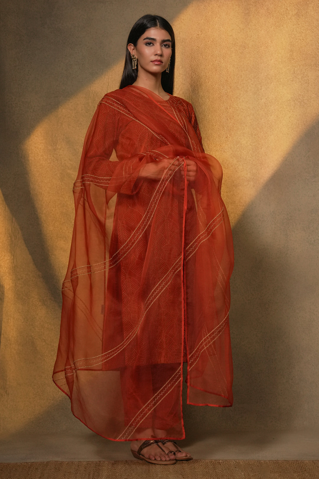 Orange Hand Embroidered Organza Dupatta