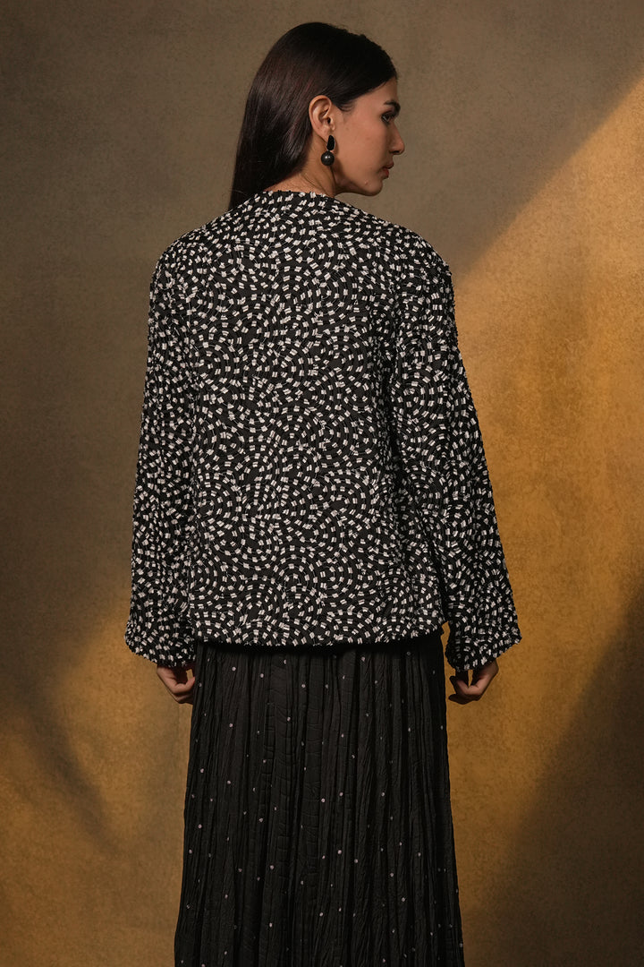 Black Dress with Patch Embroidered Cotton Silk Jacket