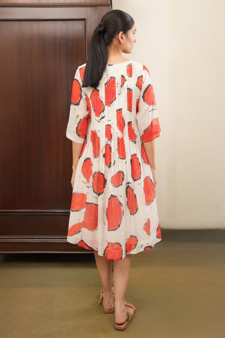 Off-White and Red Abstract Printed Chanderi Dress