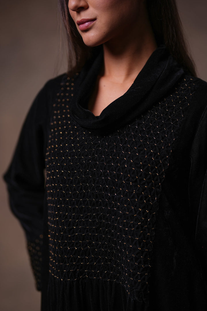 Black Hand Embroidered Velvet Dress