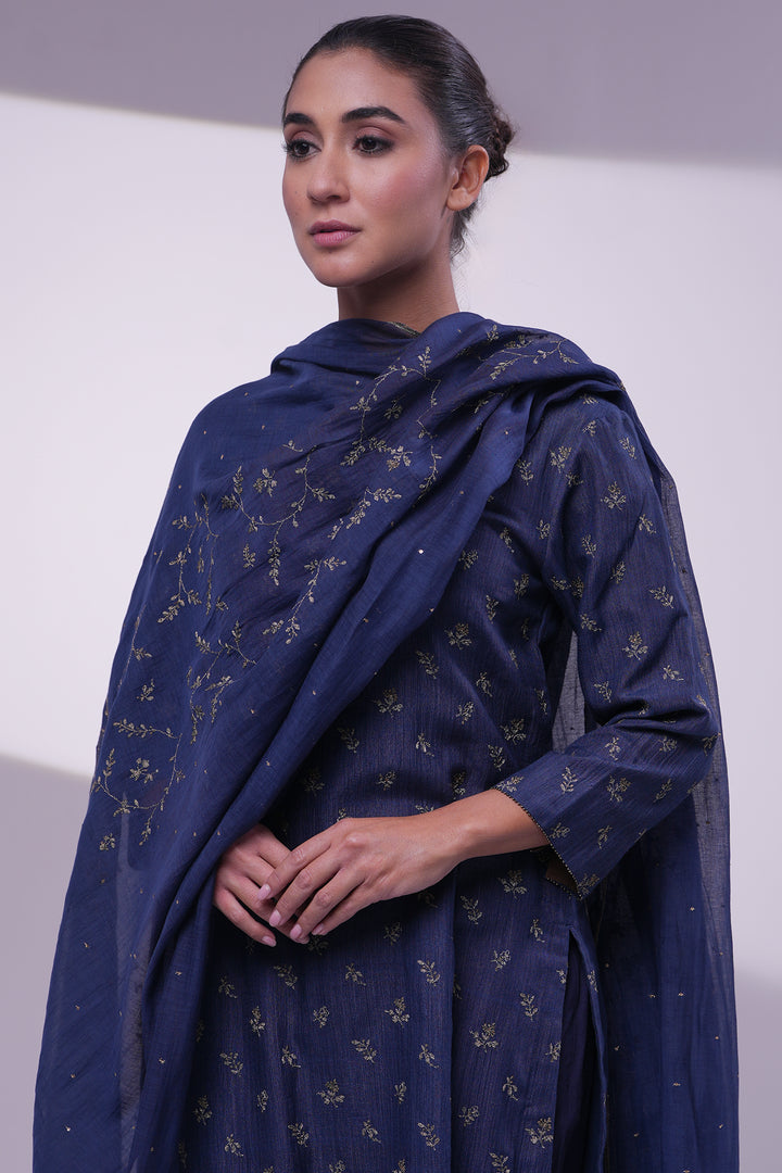 Navy Cotton Silk Embroidered Kurta Set