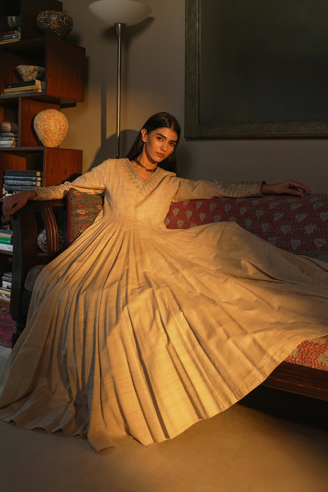 Beige Hand Embroidered Tussar Silk Gown