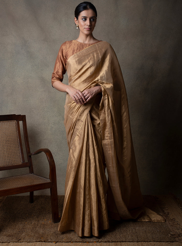 Golden Solid Tissue Saree