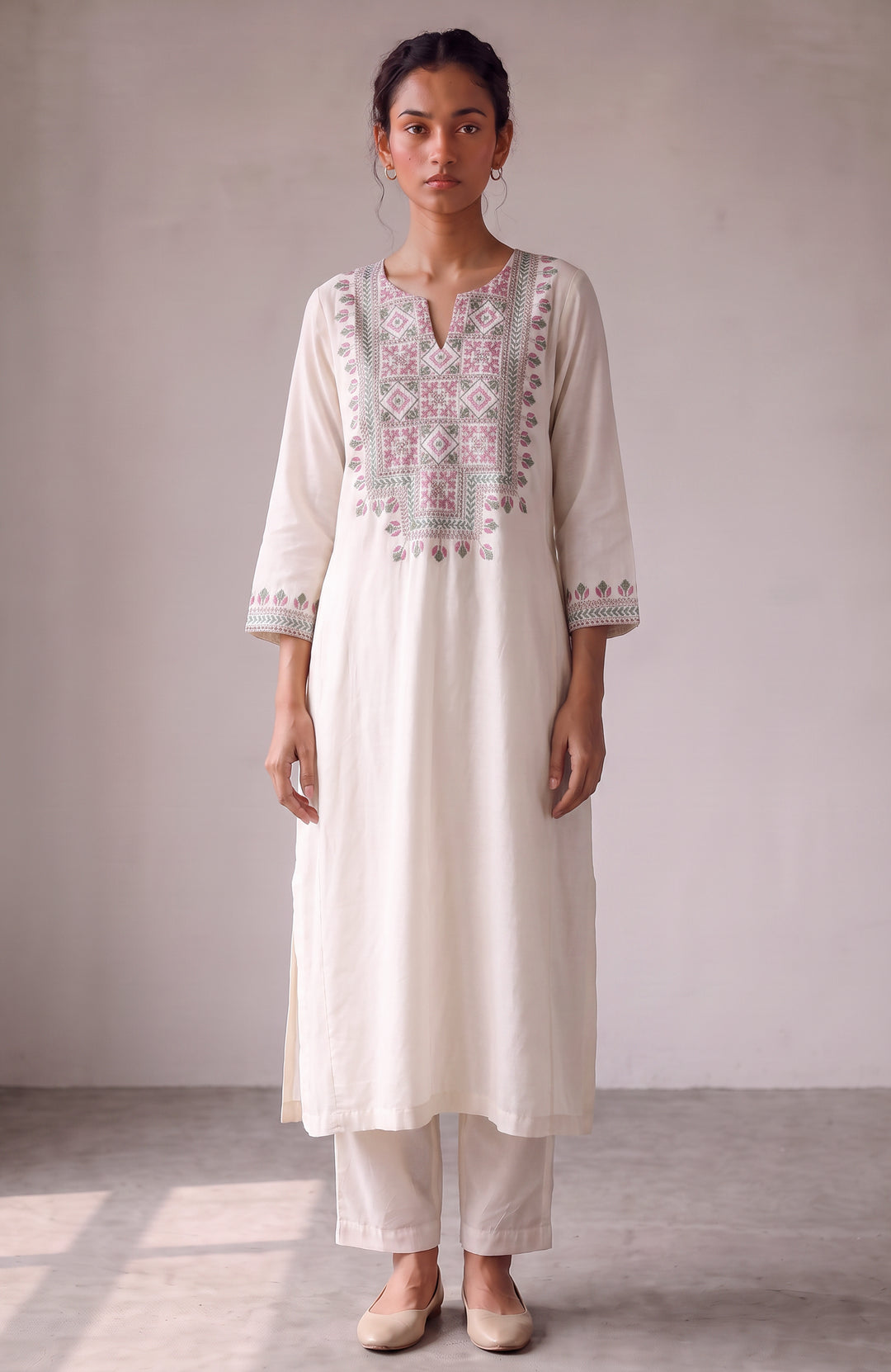 Off-white and Rose Embroidered Kurta Set