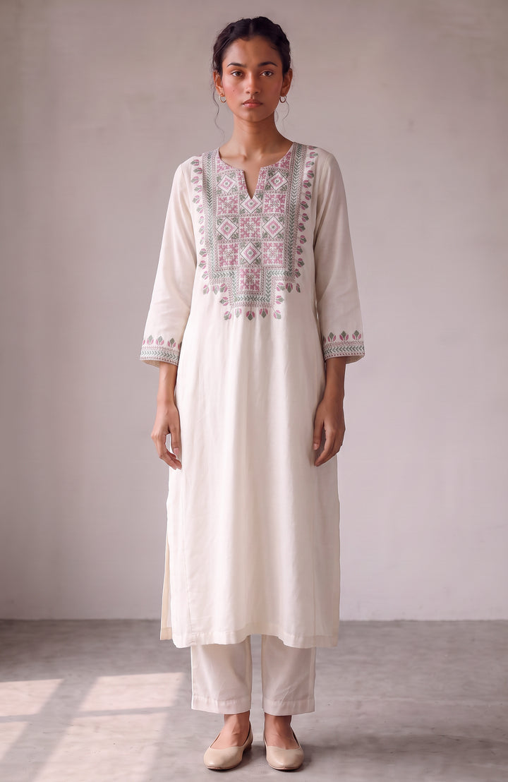 Off-white and Rose Embroidered Kurta Set