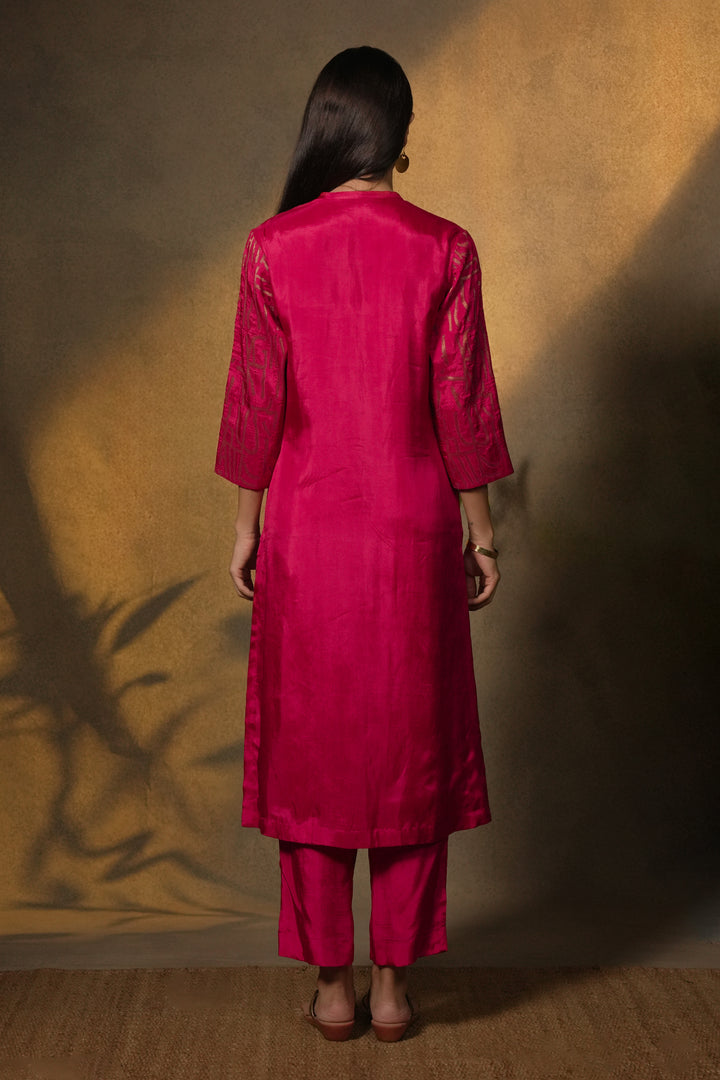 Hot Pink Patch Work Embroidered Silk Kurta with Pants