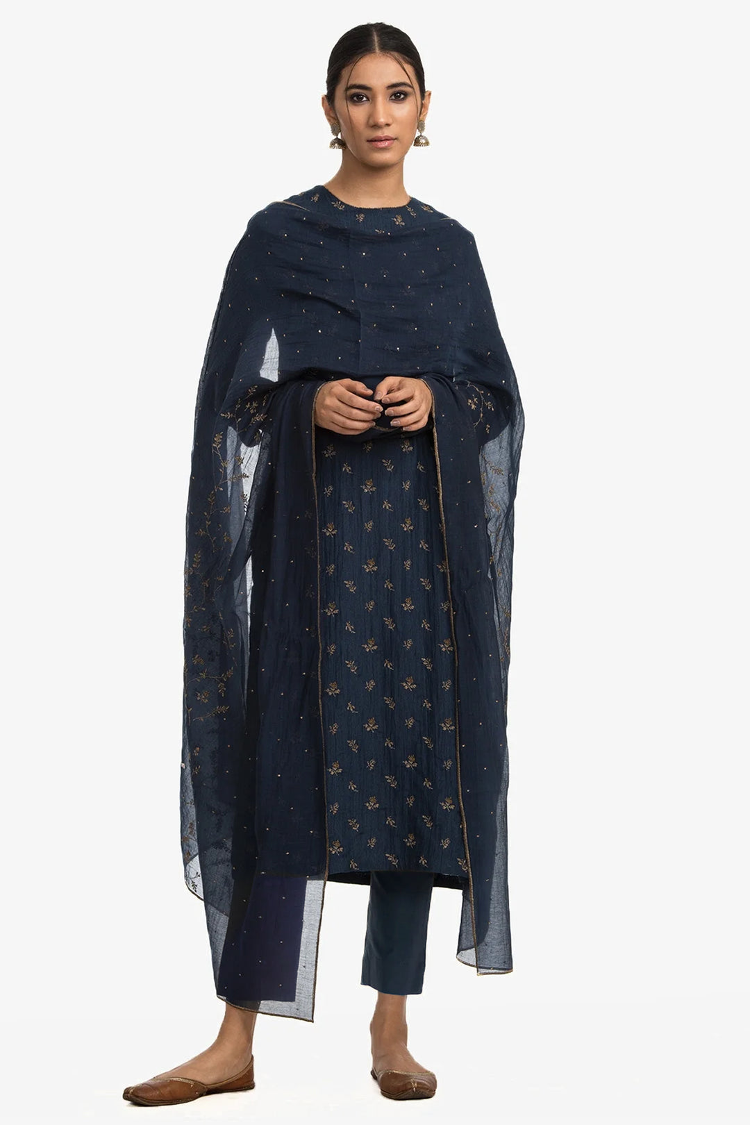 Navy Cotton Silk Embroidered Kurta Set