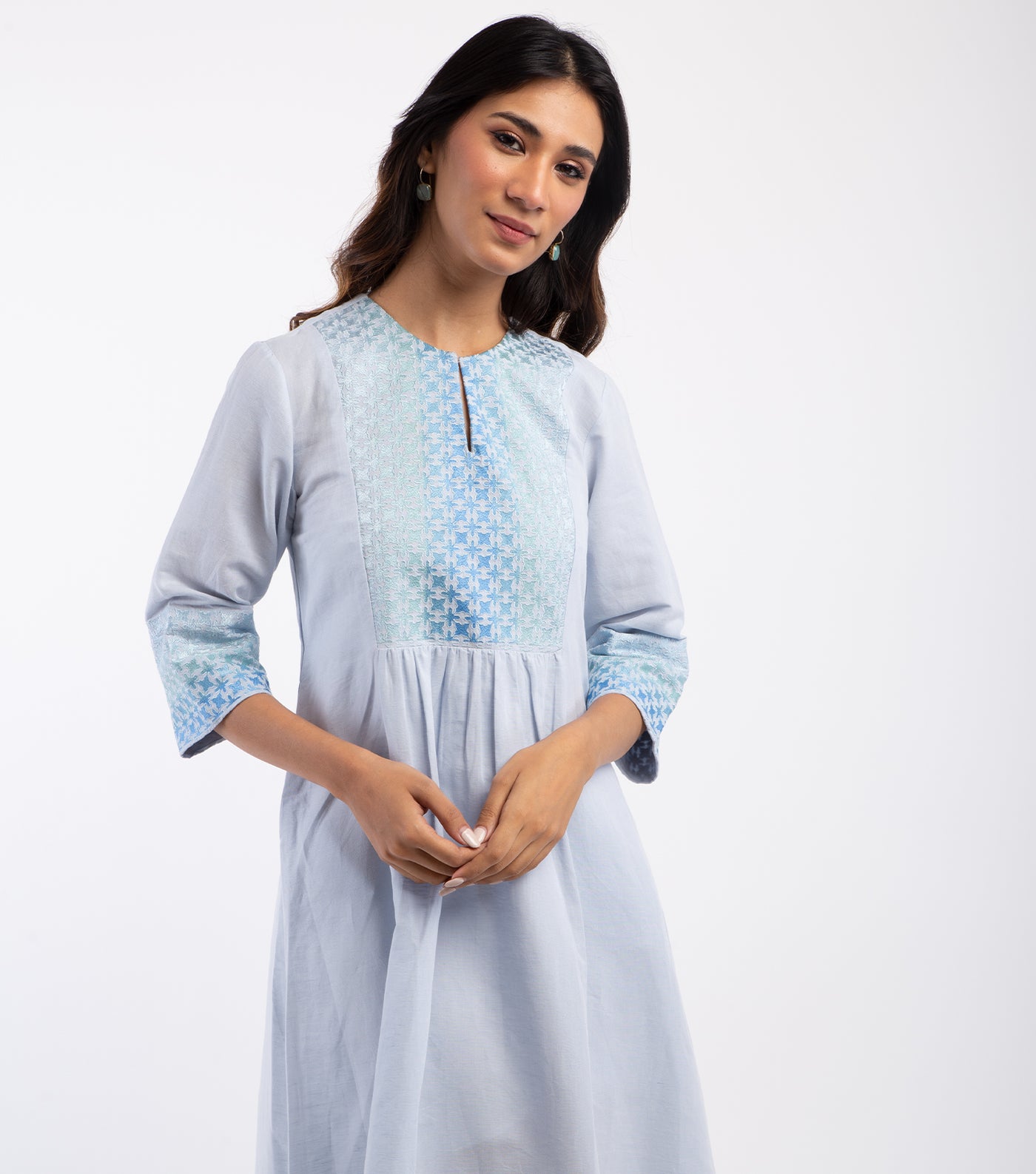 Blue embroidered Cotton linen Dress