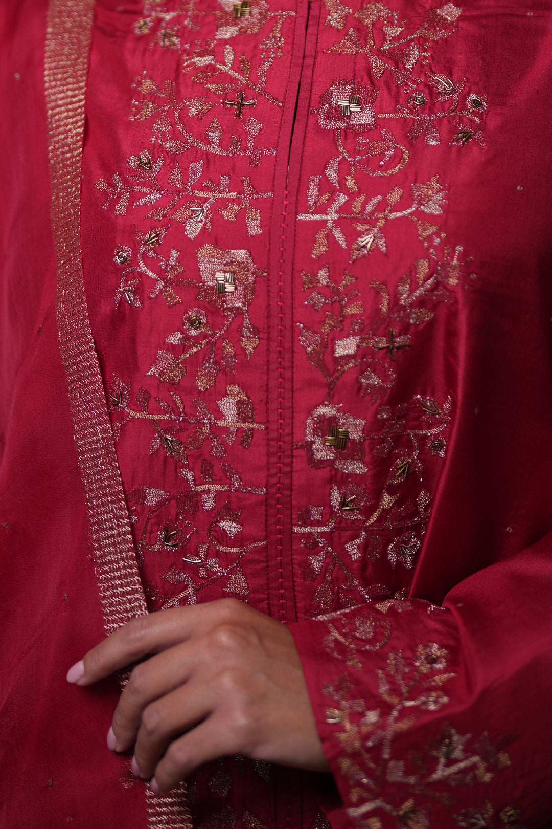 Red Hand Embroidered Silk Kurta with Pants and Dupatta