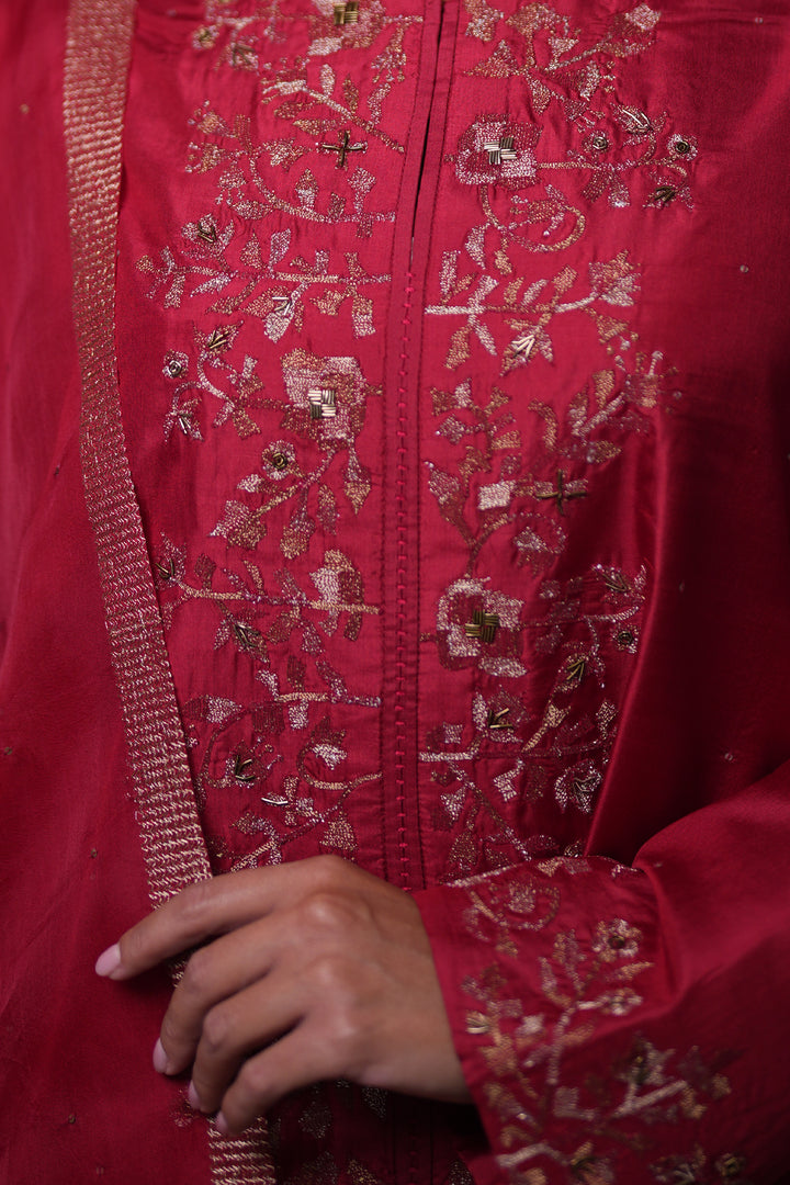 Red Hand Embroidered Silk Kurta with Pants and Dupatta
