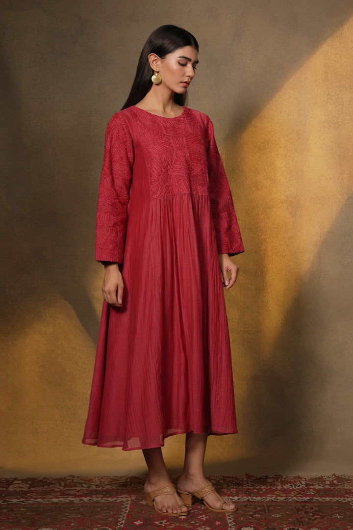 Magenta Textured Embroidered Chanderi Dress