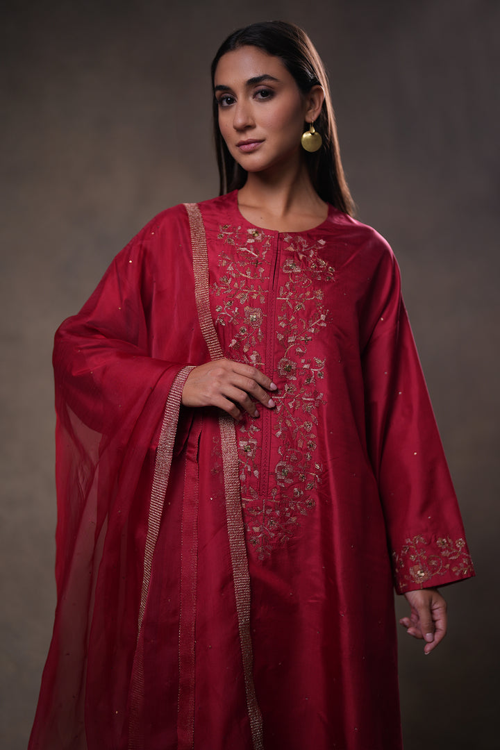Red Hand Embroidered Silk Kurta with Pants and Dupatta