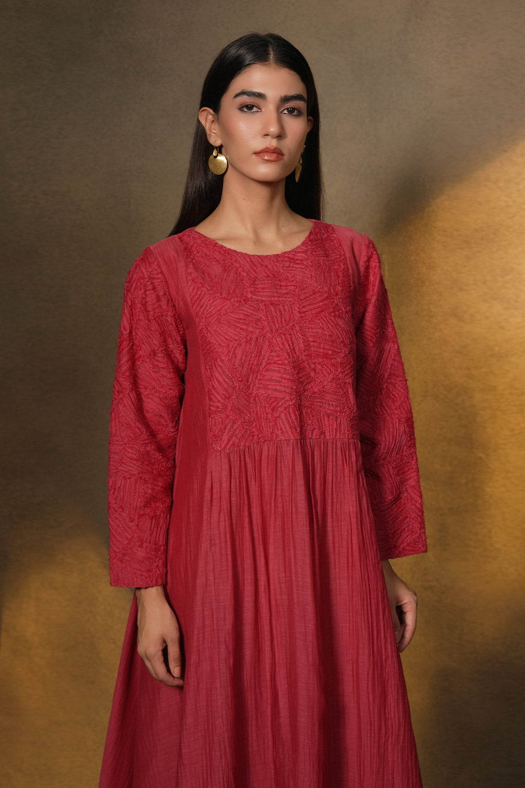 Magenta Textured Embroidered Chanderi Dress