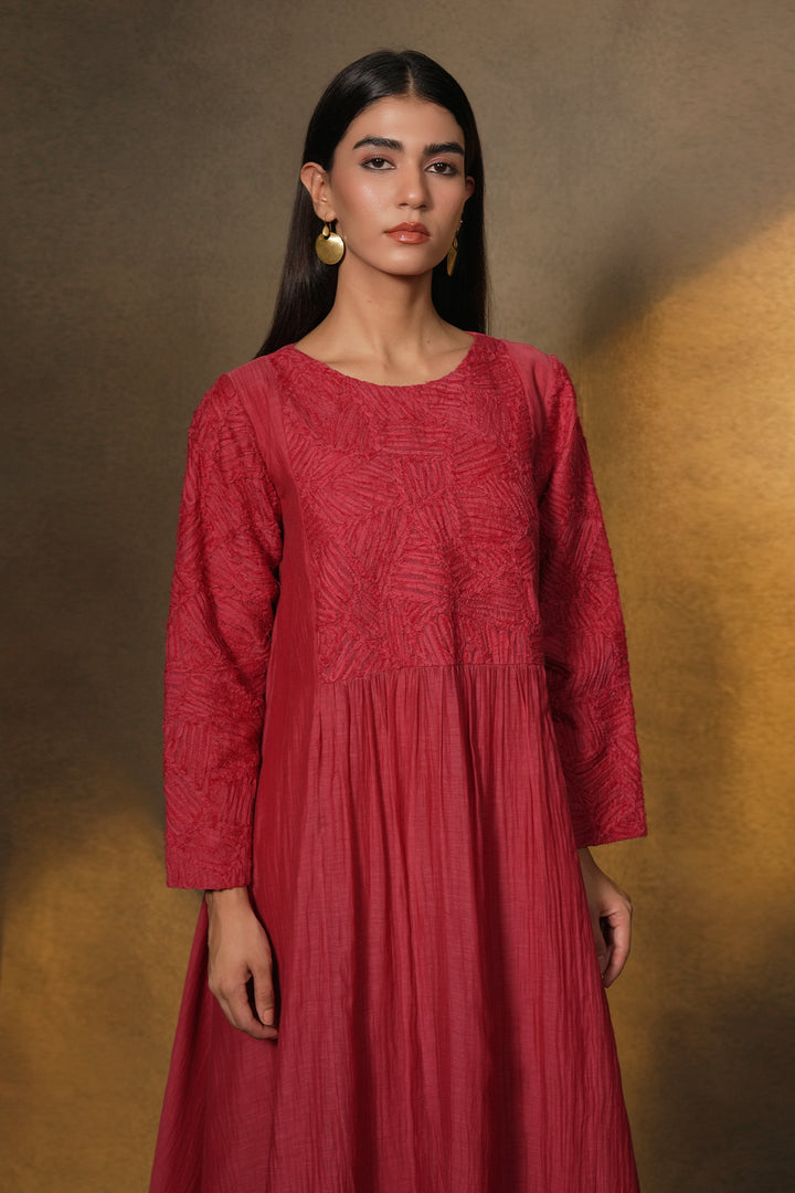 Magenta Textured Embroidered Chanderi Dress